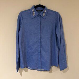Zara Button Down Long Sleeve Shirt with Embellished Collar - Size XS in Blue
